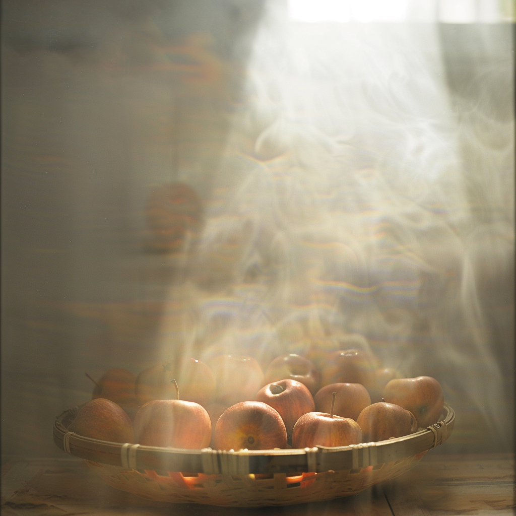 Shadowed apples in bamboo basket