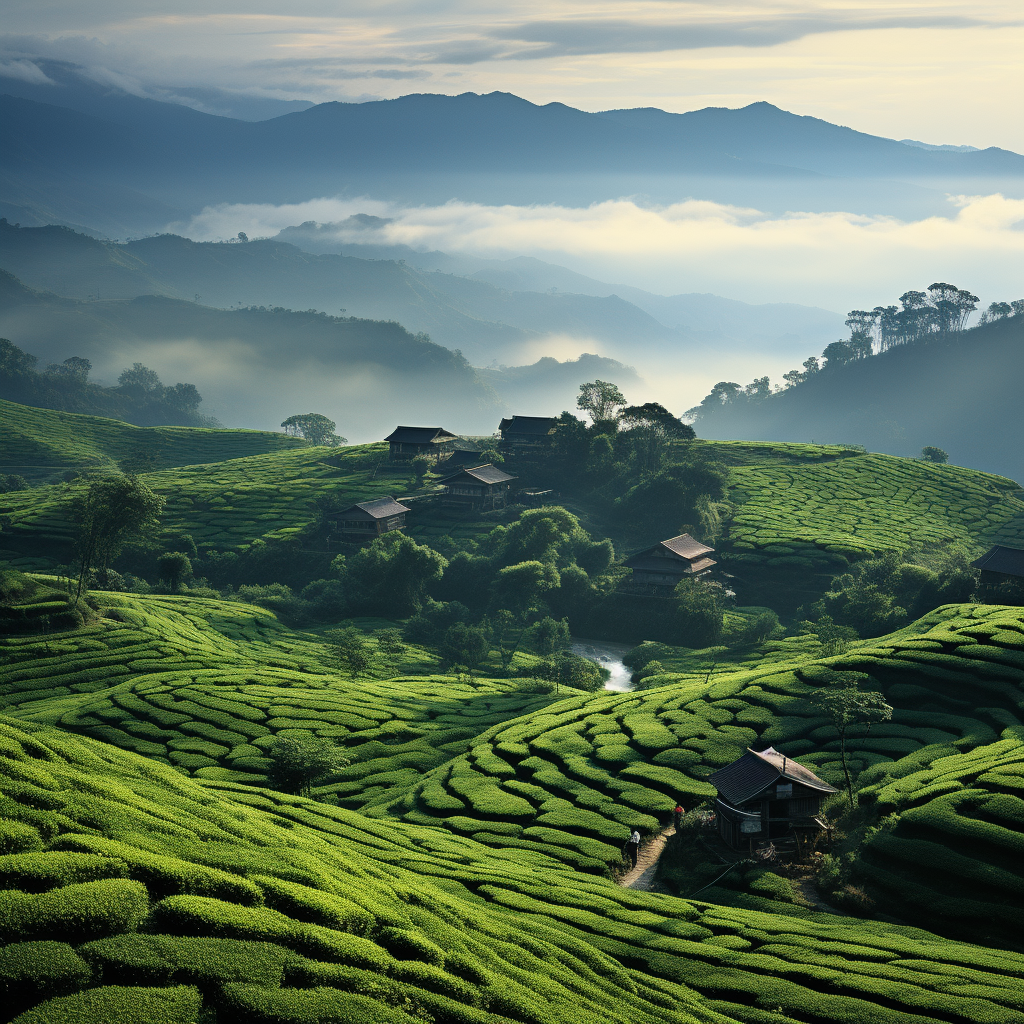 Beautiful foggy Chinese tea fields in sunlight