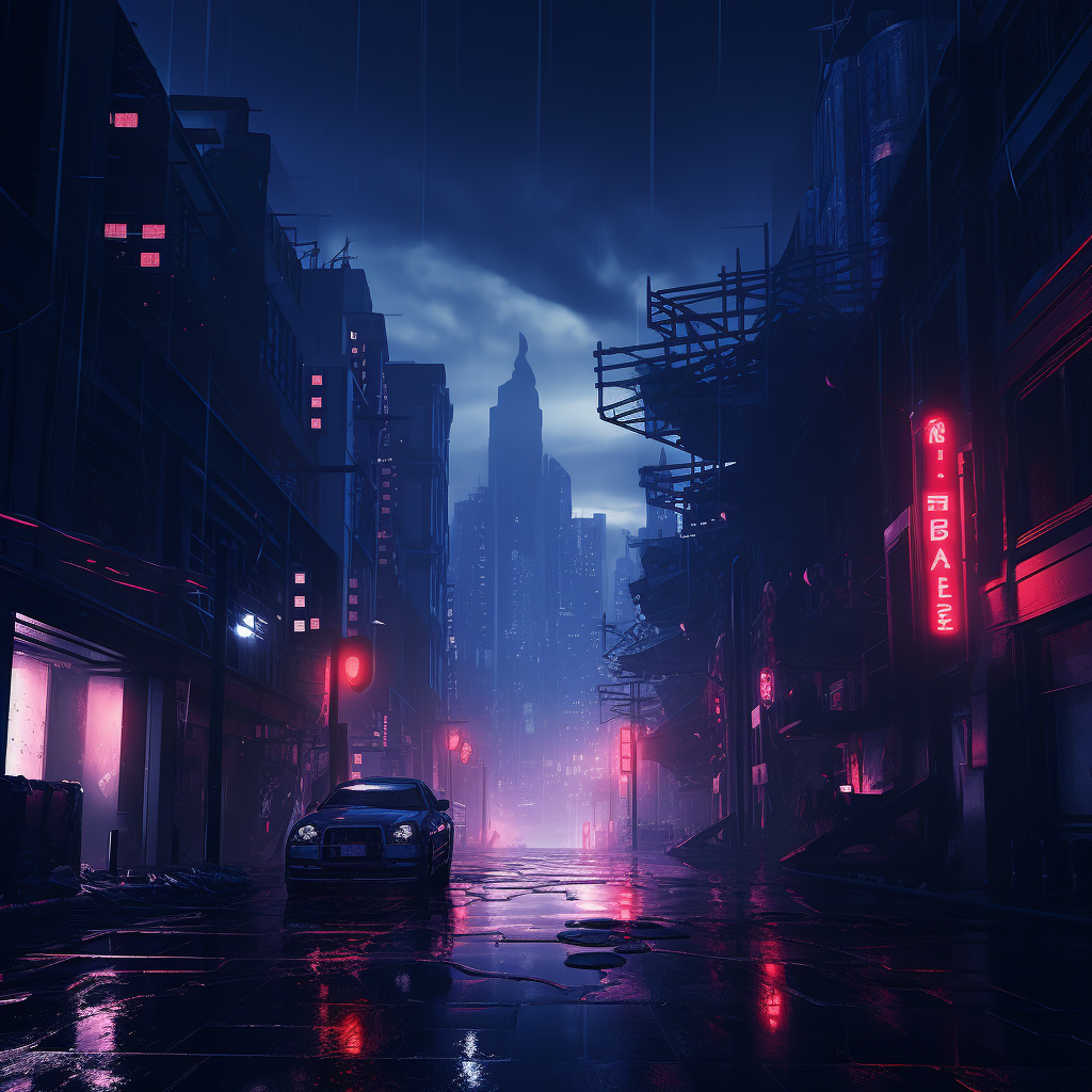 A stunning view of a foggy cyberpunk city at night