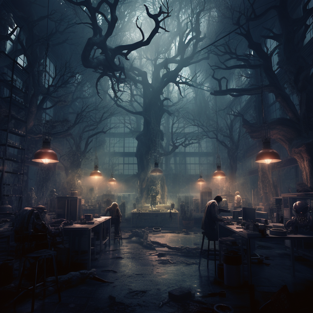 spooky laboratory in dead forest surrounded by zombies