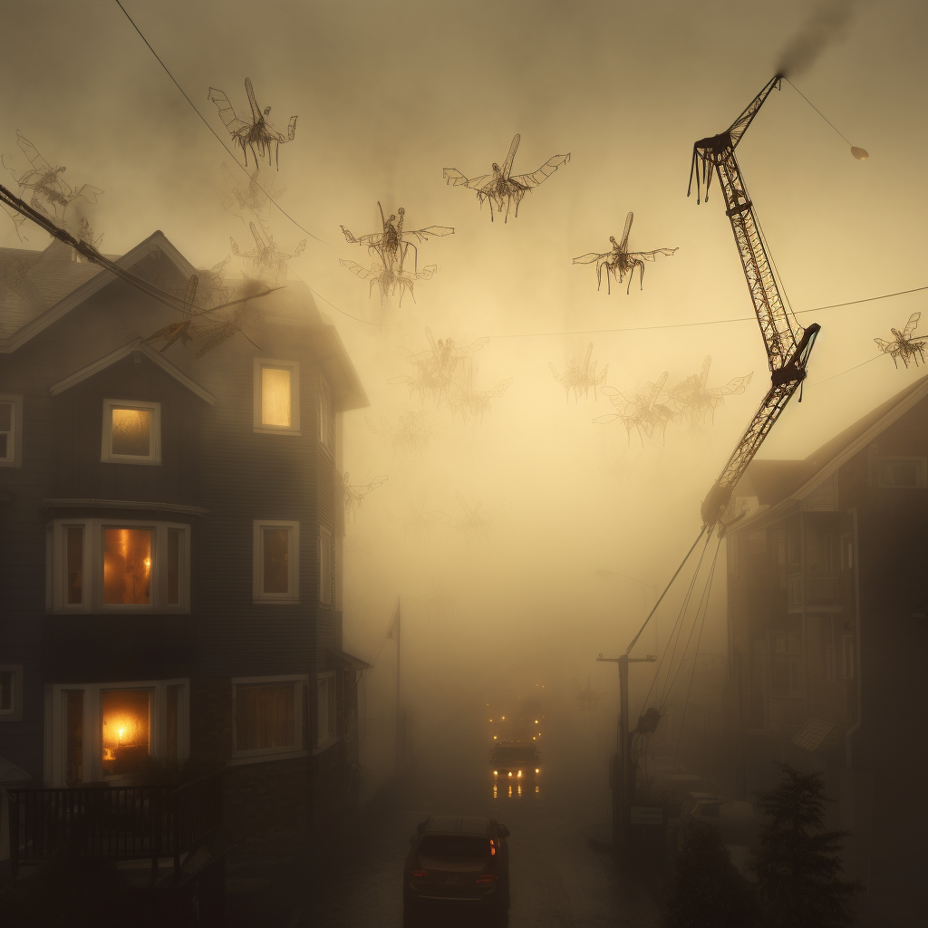 Mosquitoes flying around houses in foggy evening