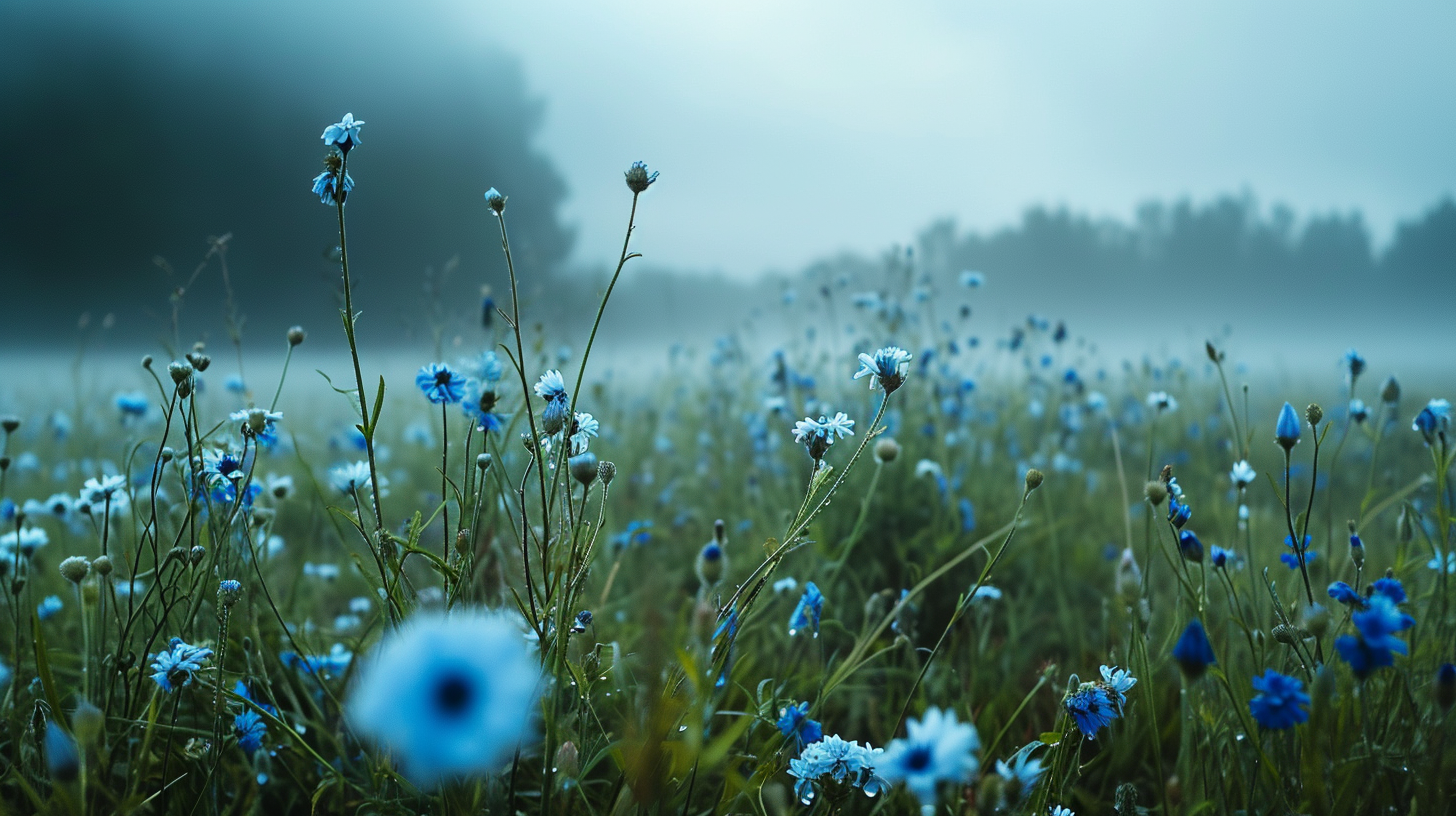 Beautiful blue flowers in a foggy field