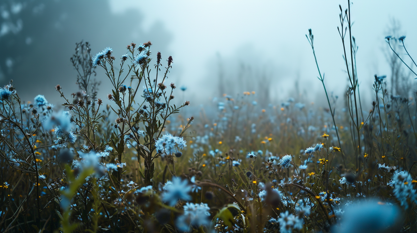 Foggy field with small blue flowers