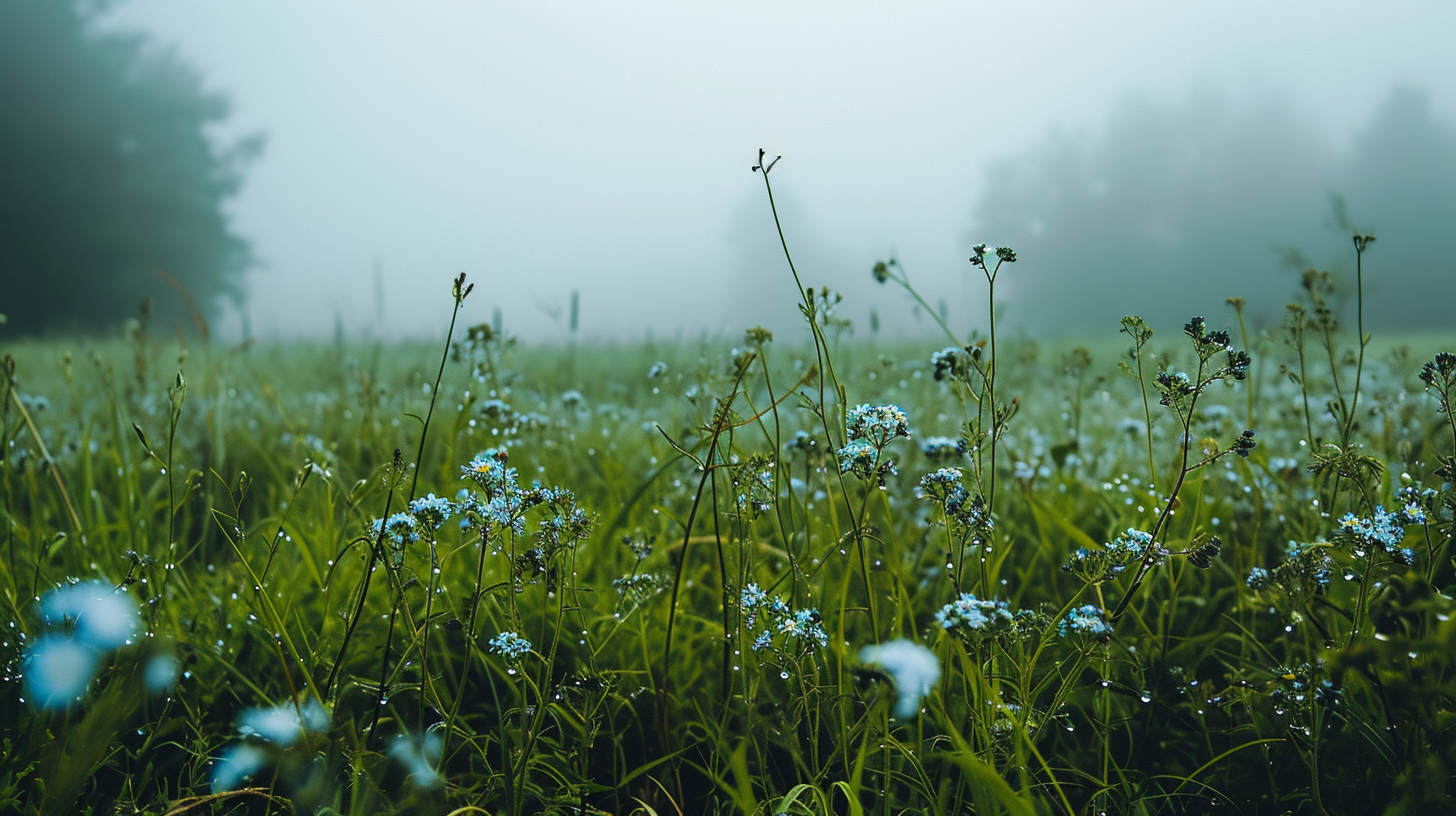 Aerial View of Foggy Green Field with Blue Flowers