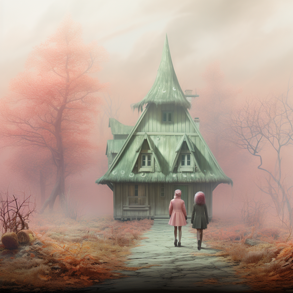 Two women near a dreamy cottage