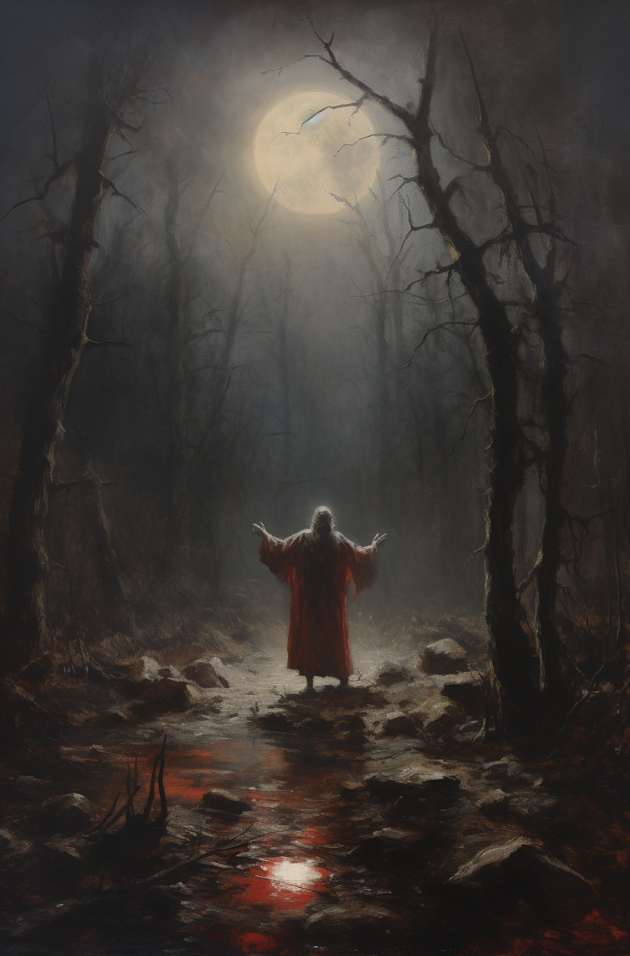 Foggy forest priest pagan ritual painting