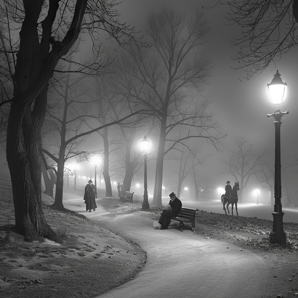 Foggy park gaslamp winter night