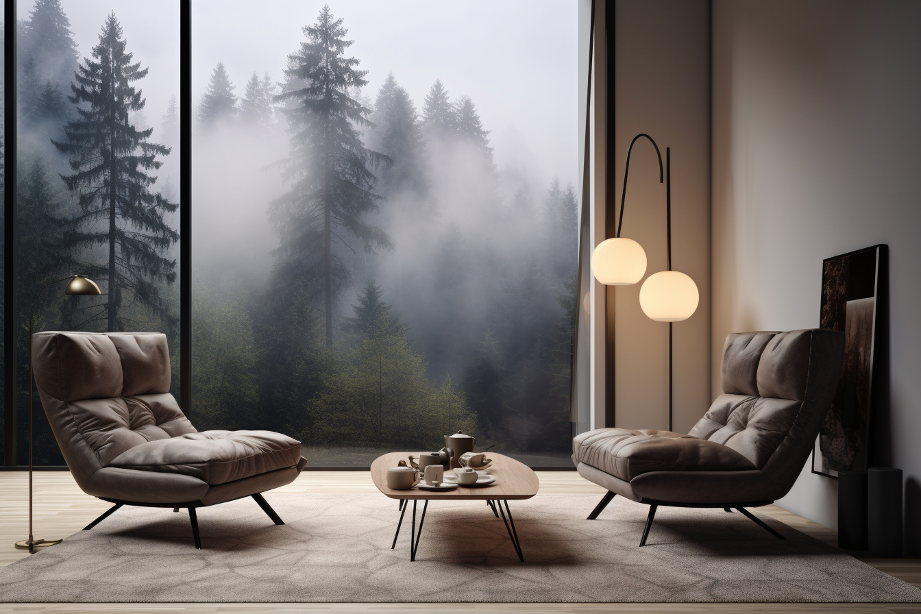 Contemporary interior with foggy pine forest view