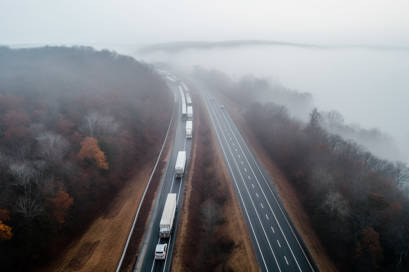 Dense fog over Appalachian mountains, with heavy traffic.