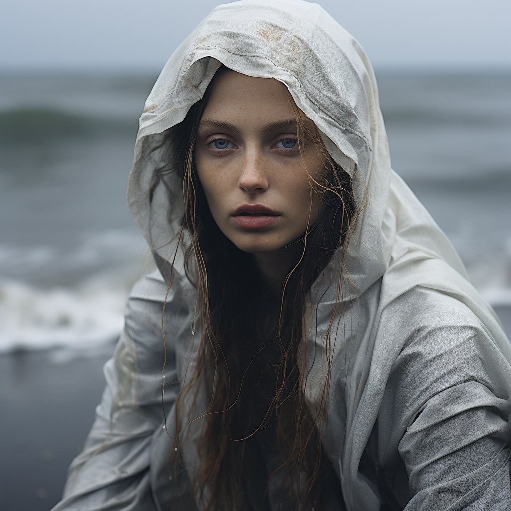 Woman in white dress on foggy beach with small puddles