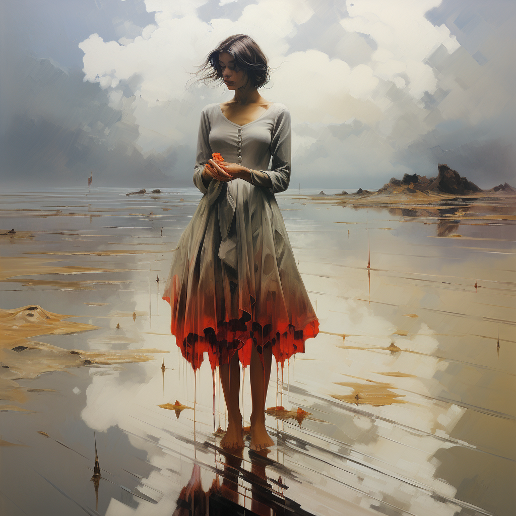 Woman in Pleated White Dress on a Foggy Beach