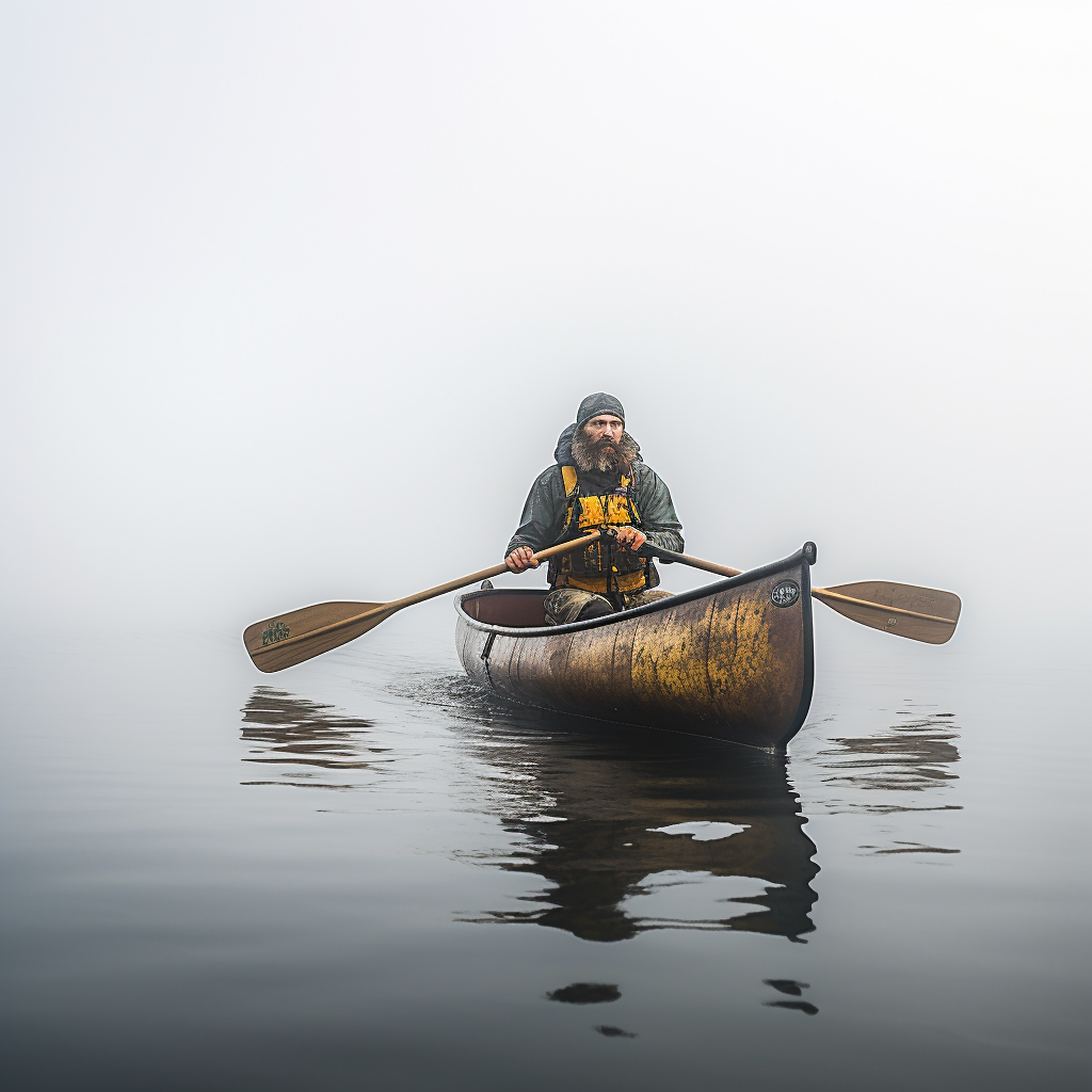 Middle-aged man in canoe paddling through dense fog