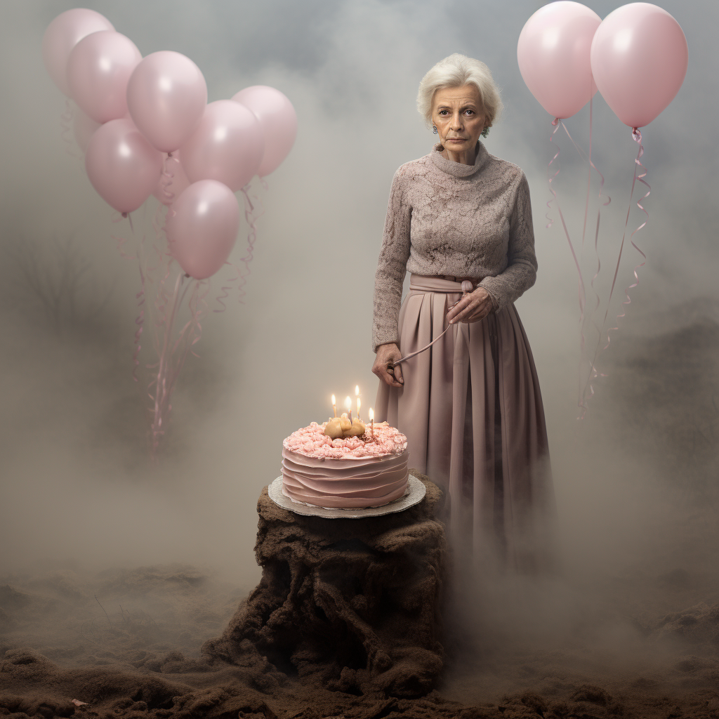 Expressive woman with birthday cake in foggy landscape