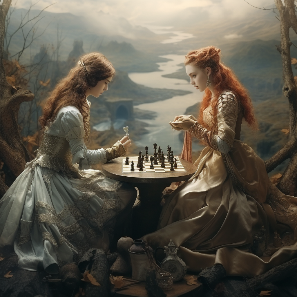 Two women playing chess in a foggy landscape