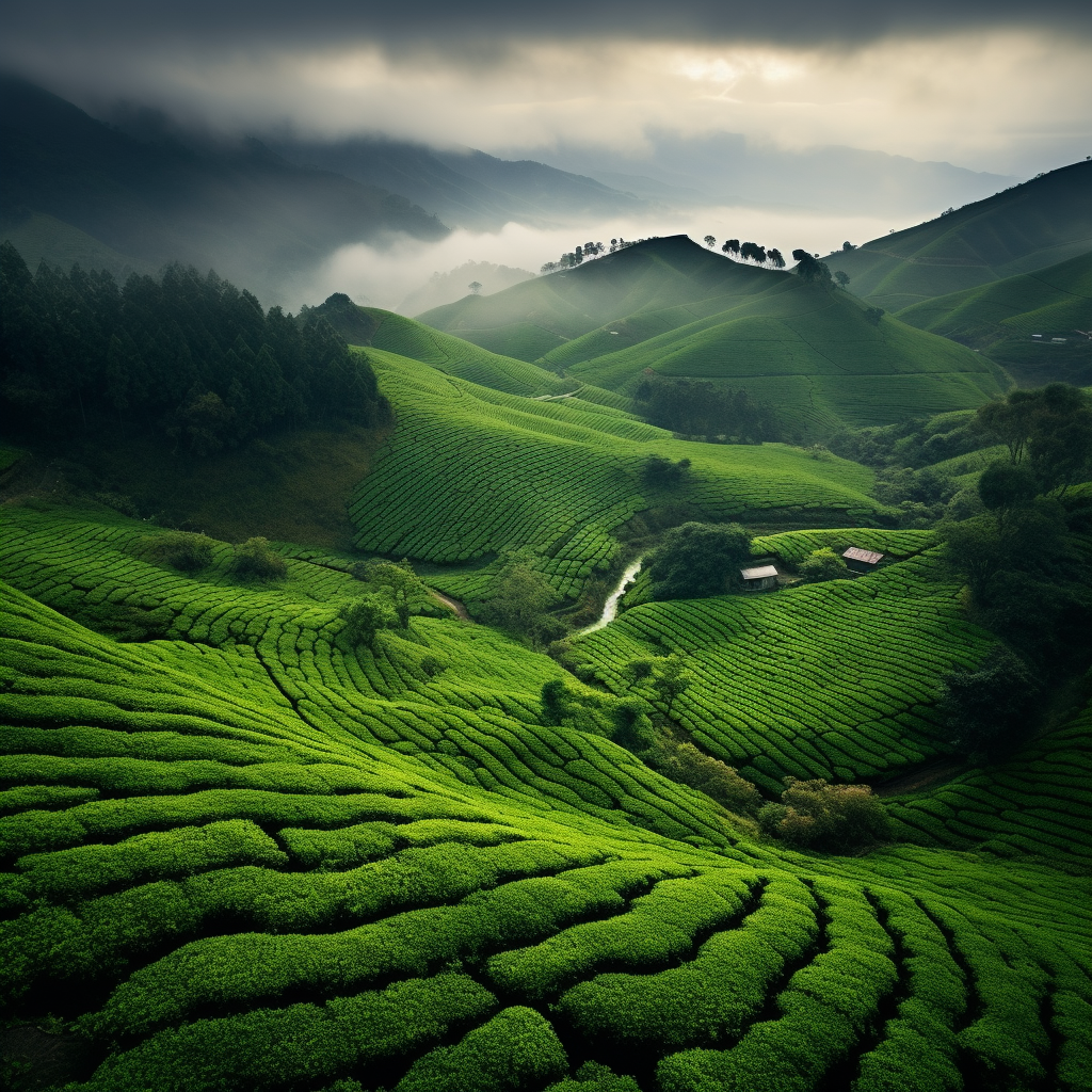 Scenic foggy tea plantation in the mountains