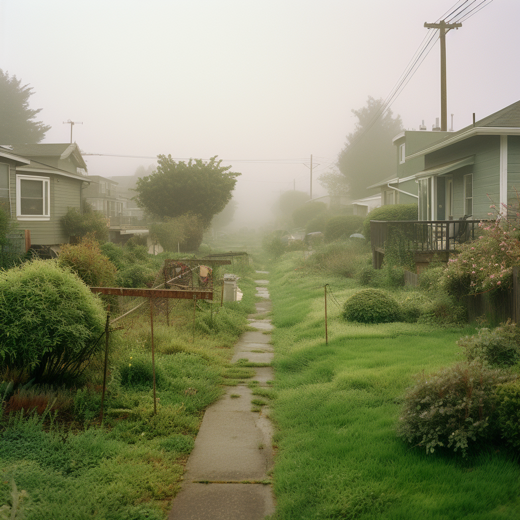 Vintage neighborhood covered in fog