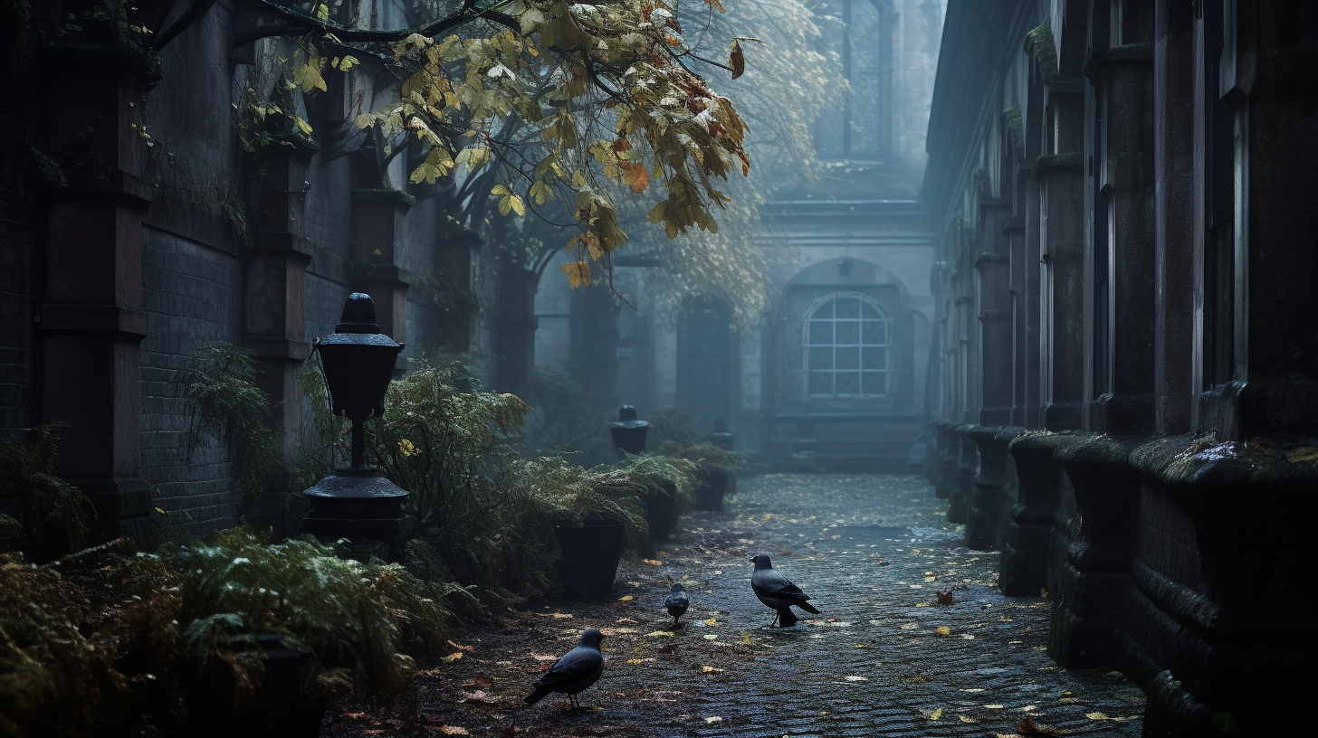 Misty and Spooky Pigeon Monastery Courtyard