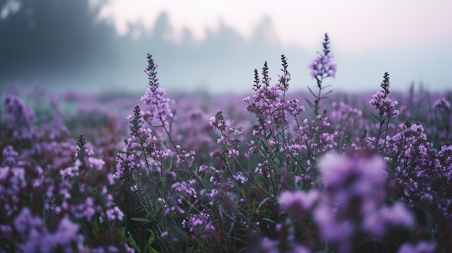 Foggy purple flowers in a field