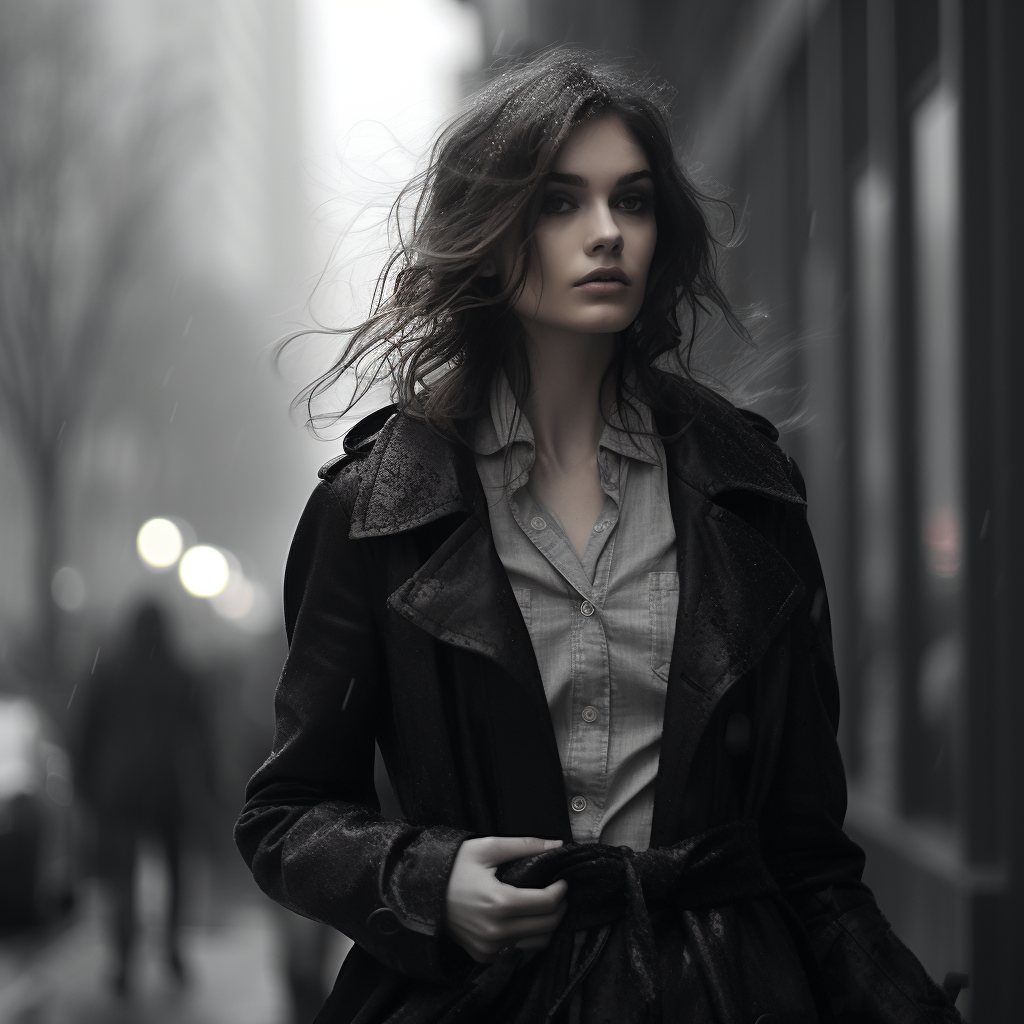 Girl looking up in foggy street scene