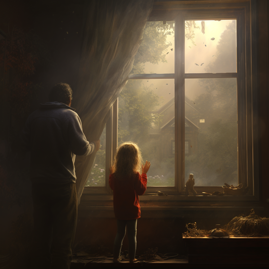 Parents gazing through foggy window, kids playing outside.