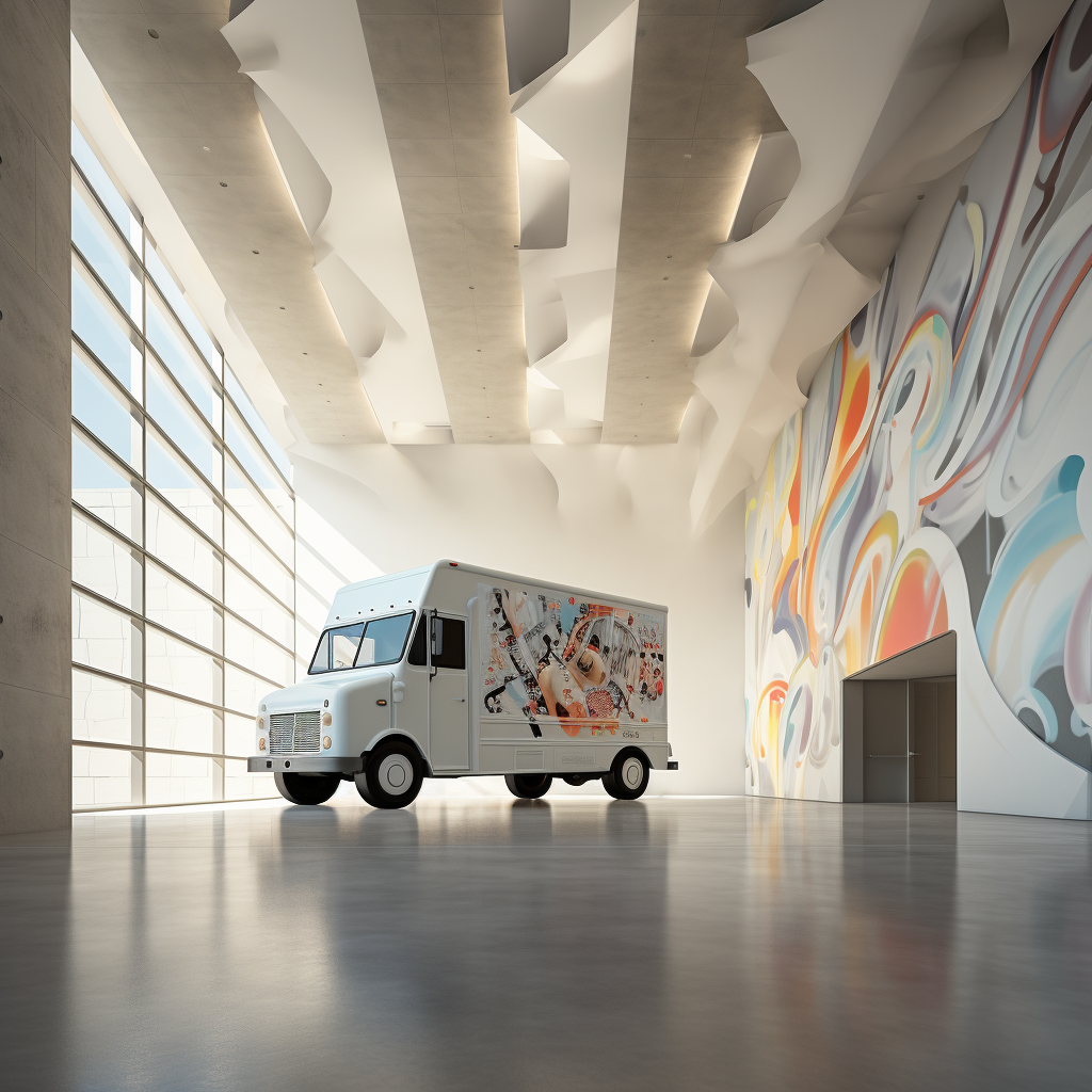 Abstract folded paper ice cream truck in industrial setting