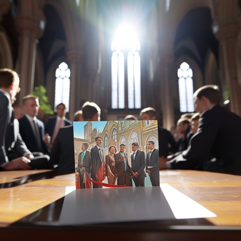 Teenage kids with folding card in church