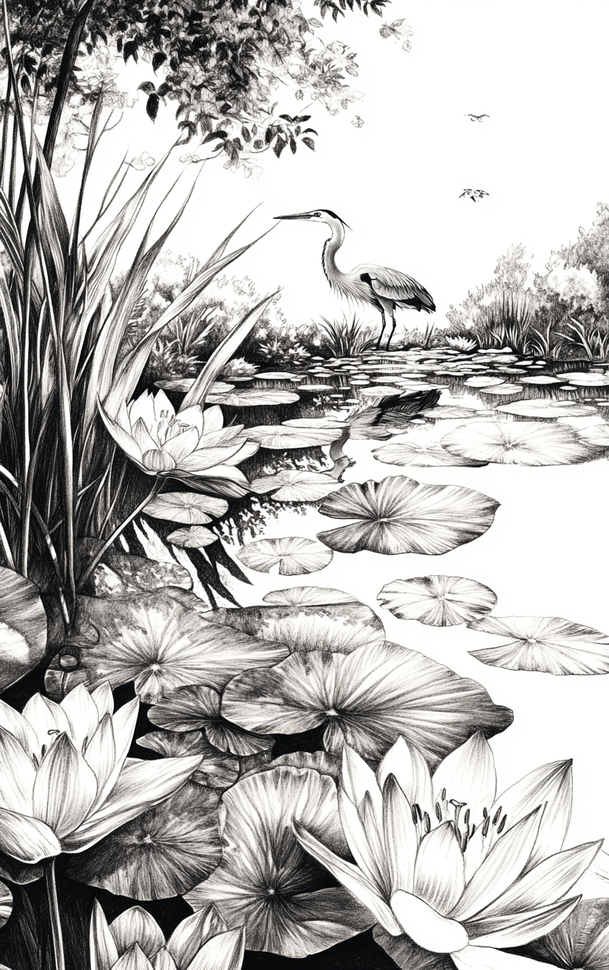 lily pond heron fish art