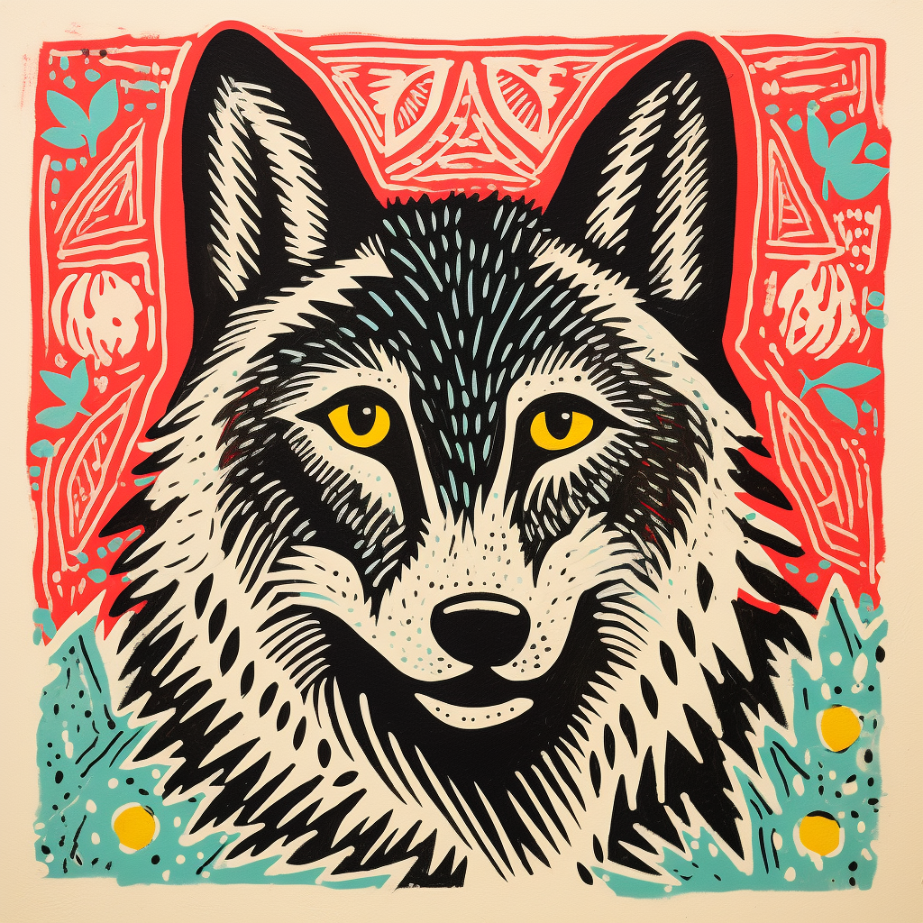 Folk Art Wolf Linocut Print