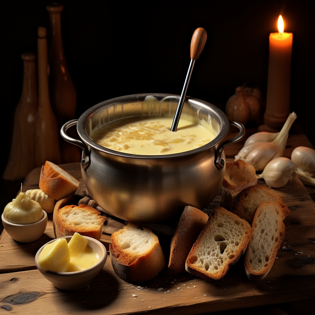 Pot of Fondue with Baguette Slices