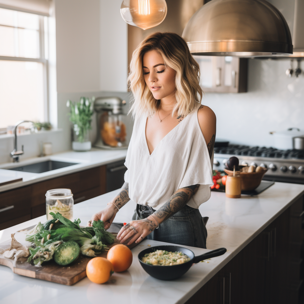 Food blogger cooking in kitchen