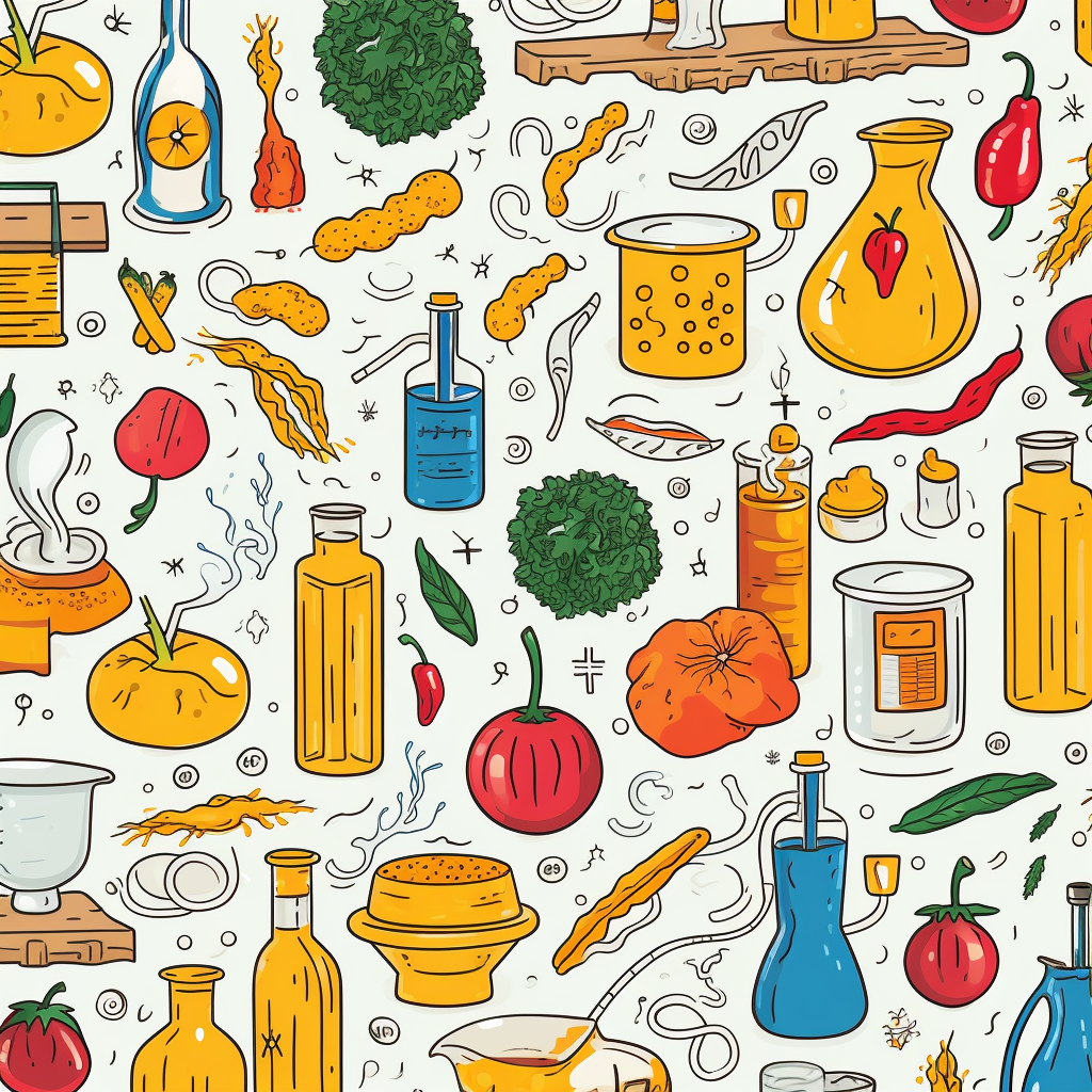 Repeating pattern of food and lab equipment