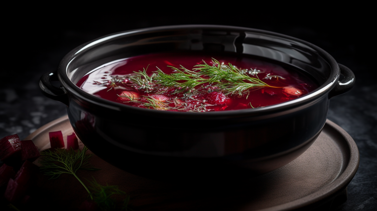 A luxurious Michelin kitchen with depth of field in food photography of Borscht