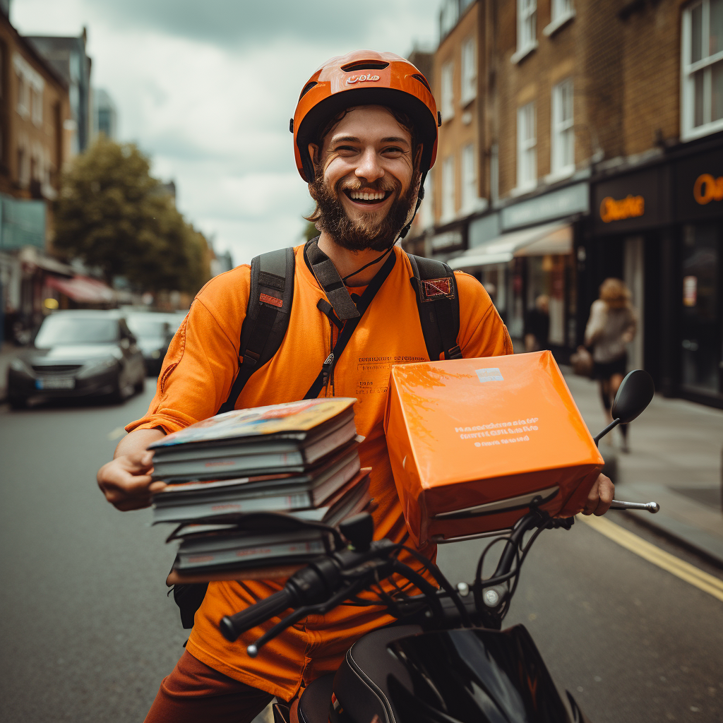 Happy food delivery rider holding record album