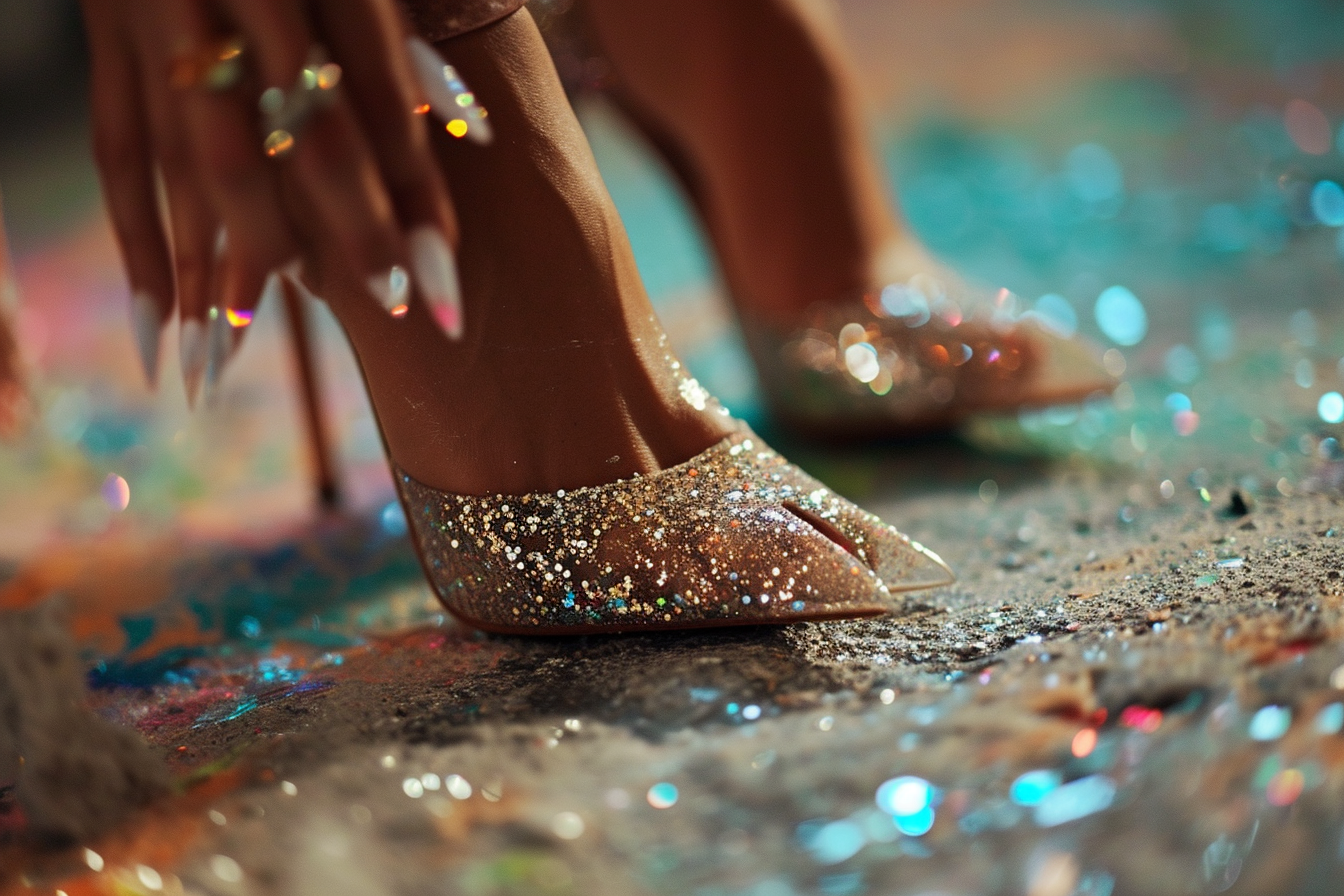 Foot model showcasing painted white toes and glittery high heels