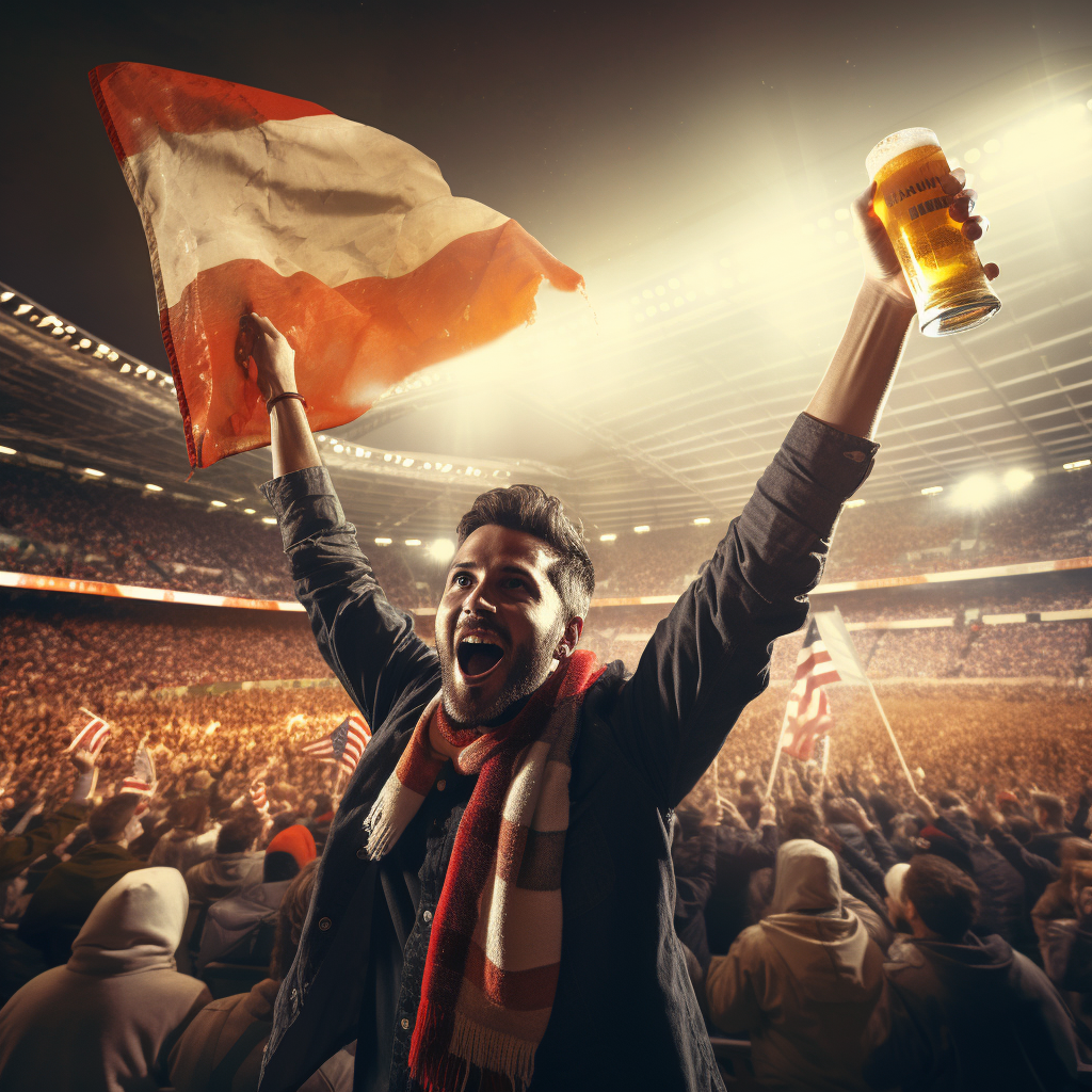 Football fan waving flag with beer glass print