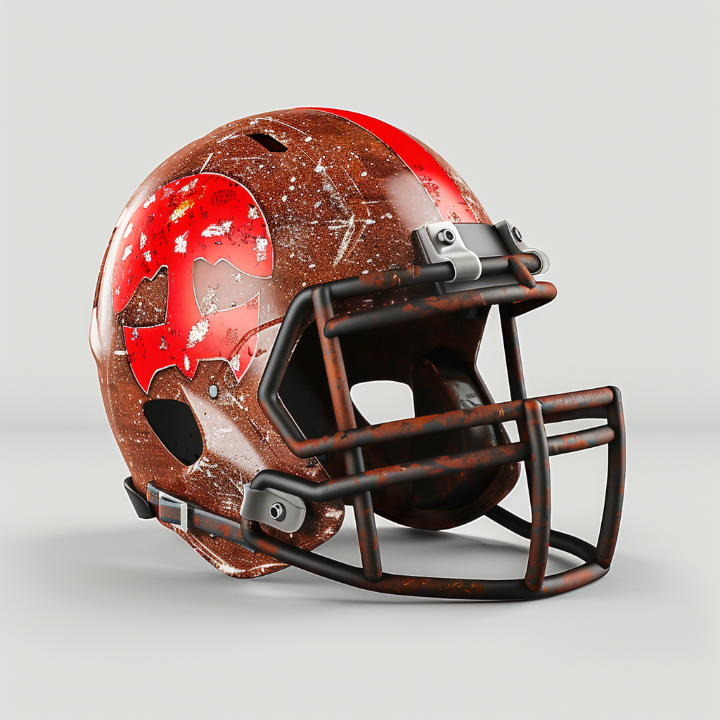 Brown football helmet with red axe logo