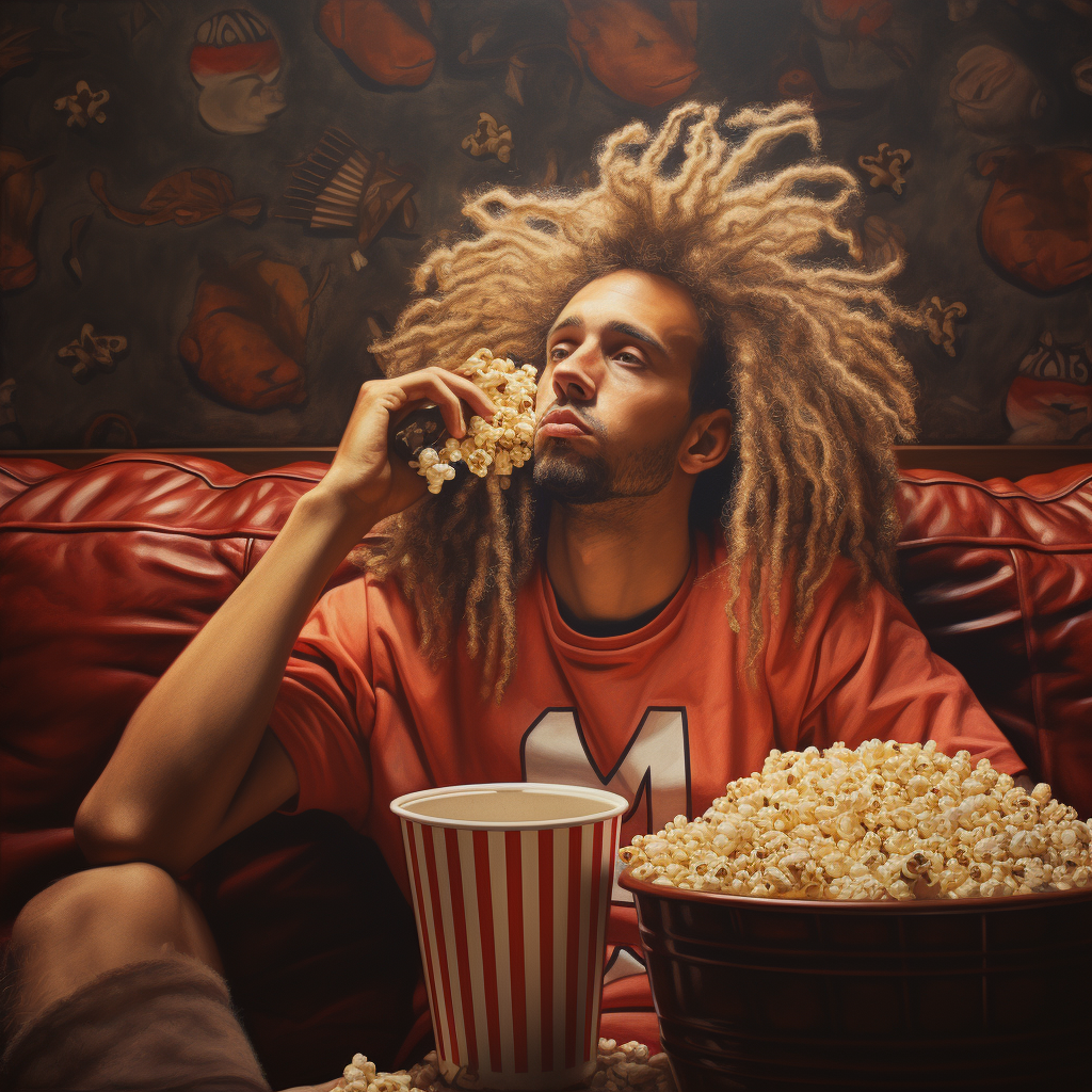 Football Player Brushing Hair and Eating Popcorn