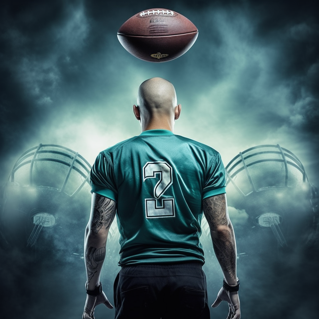 Football player with buzzcut hoisting football