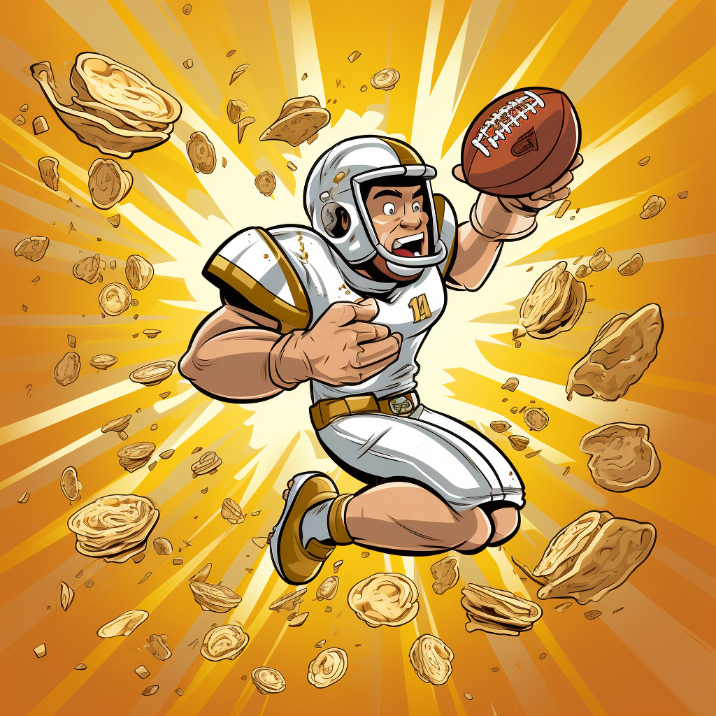 Cartoon football player leaping into dumplings