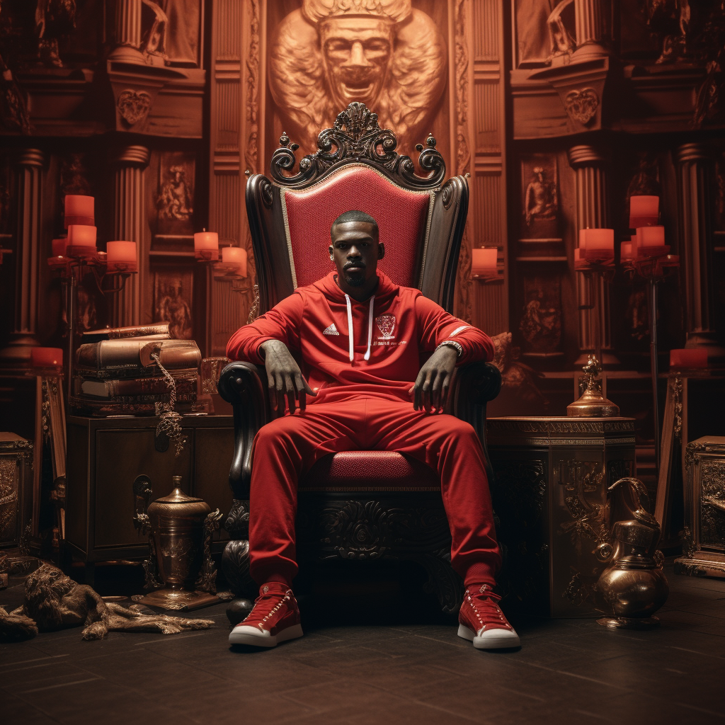 Football player in red jersey sitting on throne