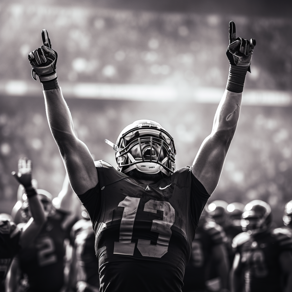 Football player celebrating win with hands in the air