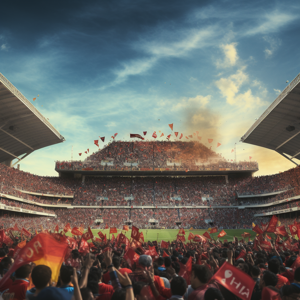 Energetic football stadium crowd with flags and posters