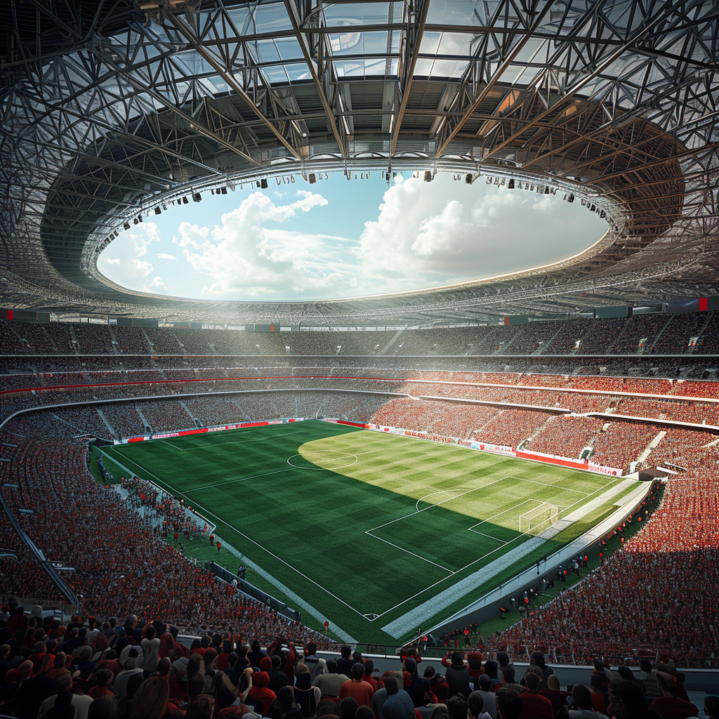 Football stadium with crowd in red and white attire