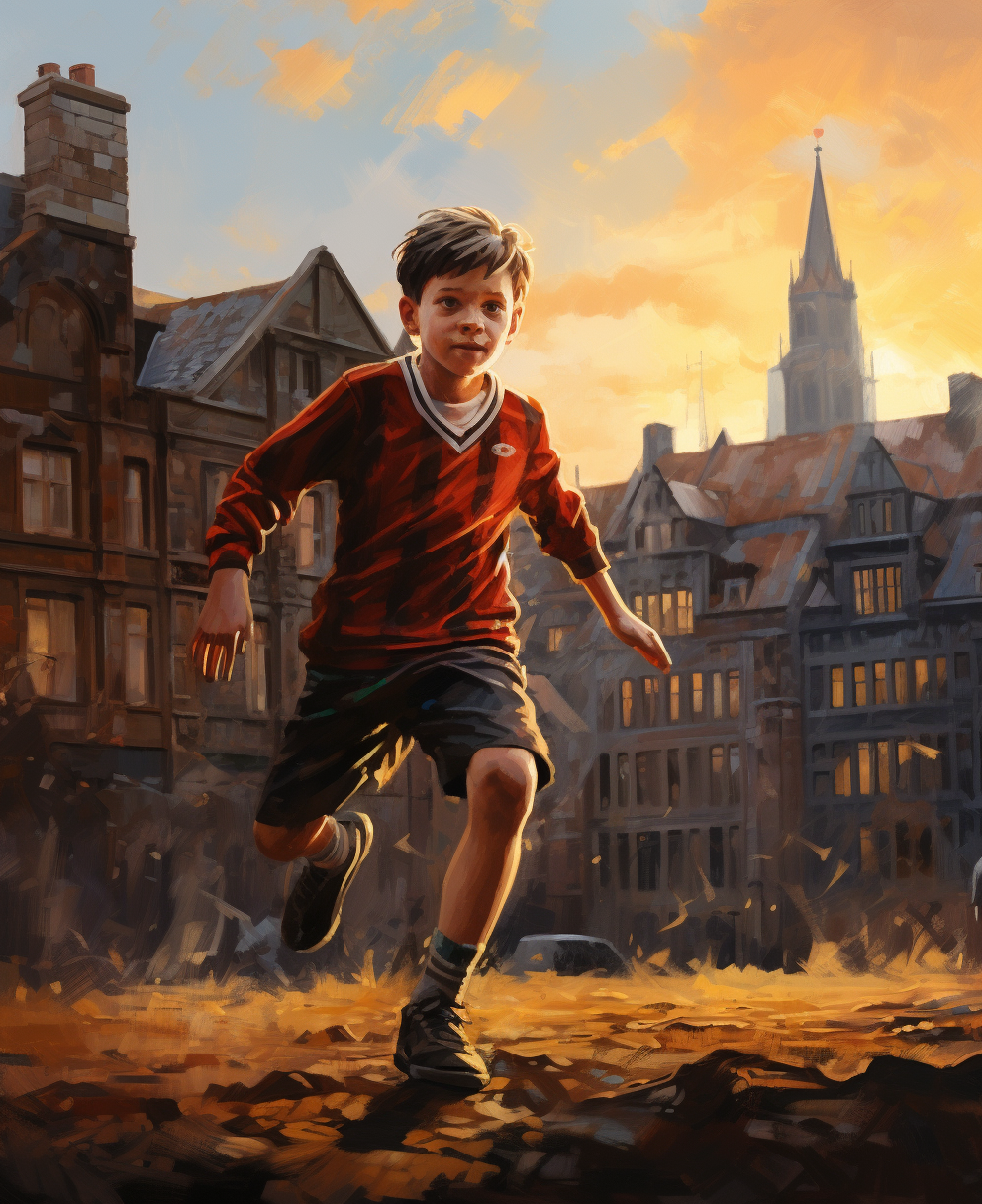 A boy kicks the football at sunset