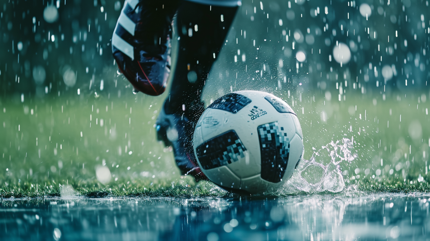 Adidas football boots kicking ball on rainy pitch