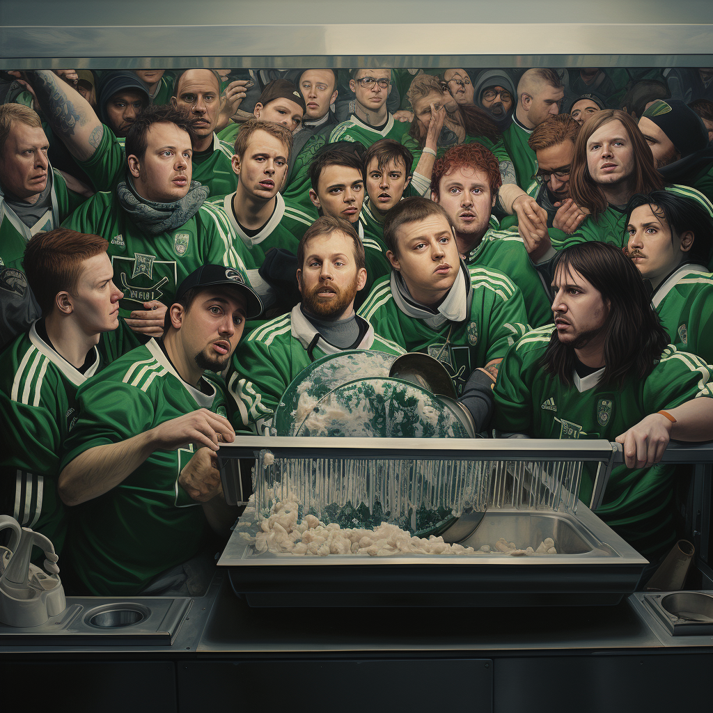 Football fans surrounding a dishwasher in stands