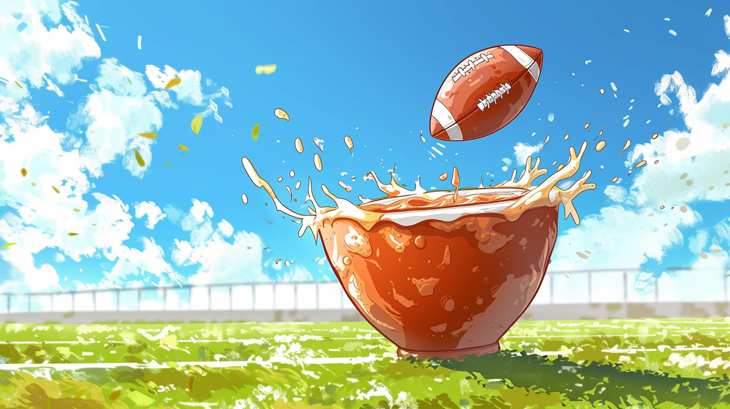 Cartoon football flying out of soup bowl