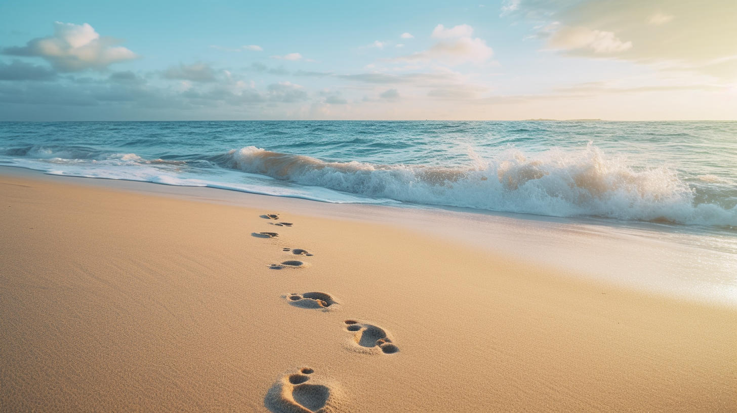 Footprints in Sand with Bright Blue Ocean and Sun