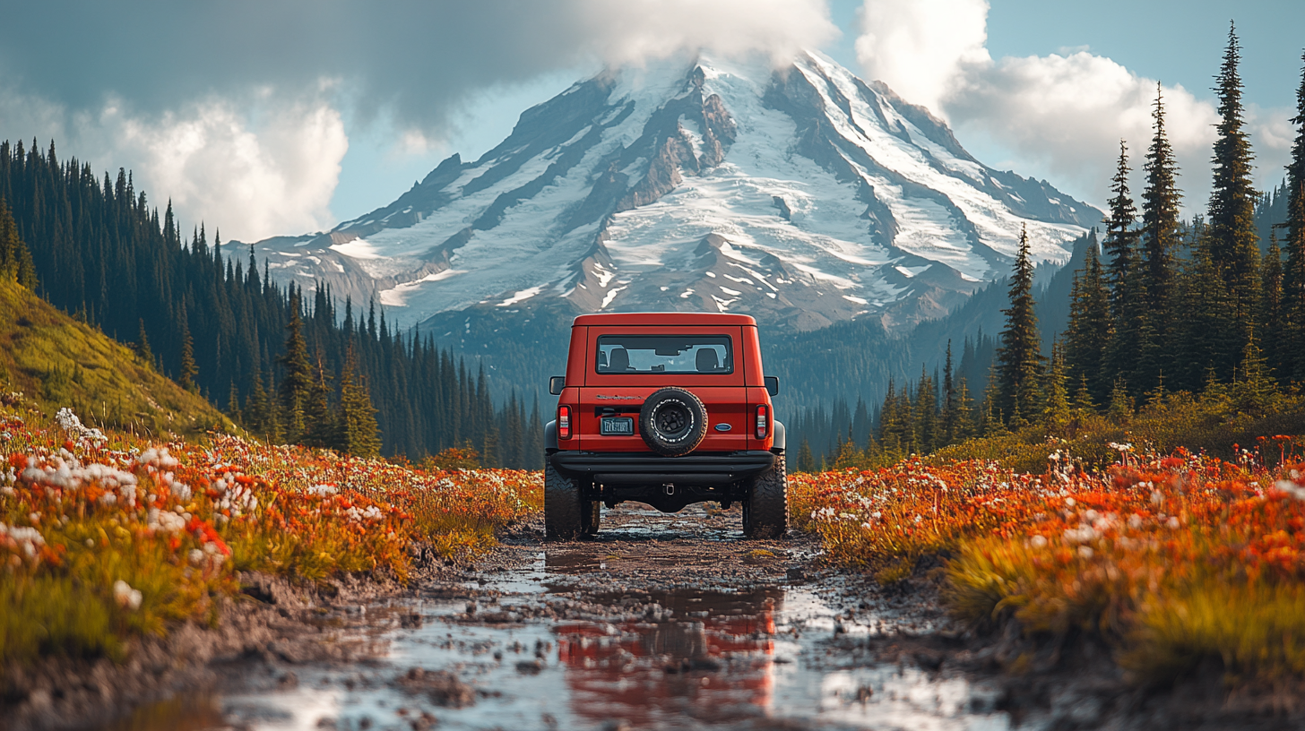 Ford Bronco on mountain with rainier background