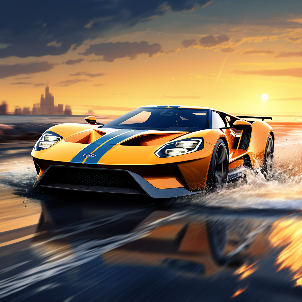 Photorealistic image of a Ford GT racing on the ocean at dawn